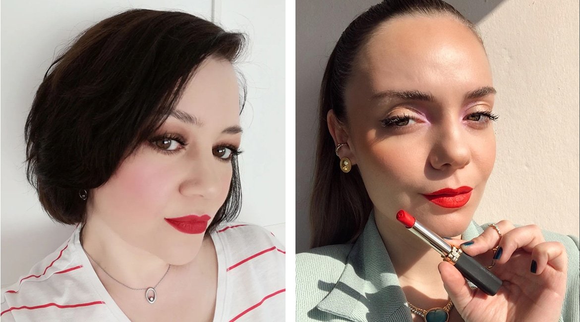 Zwei Frauen haben Lippenstift auf ihren Lippen aufgetragen